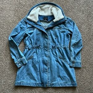 Forever 21 Long Jean Coat with Sherpa Lined Collar